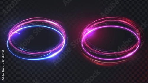 Set of optical halo flares with neon light modern effect isolated on transparent background. Circle lens ring with glitter 3D digital design. Radiant speed motion design. Magic energy vortex with