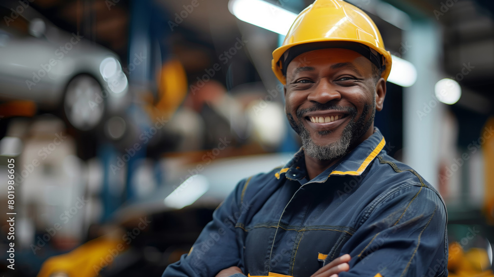 A portrait of an African American auto mechanic wearing a yellow hard hat, showing a friendly smile in a garage setting. He is dressed in a uniform of professionalism and readiness to work on cars A portrait of an African American auto mechanic wearing a yellow hard hat, showing a friendly smile in a garage setting. He is dressed in a uniform of professionalism and readiness to work on cars