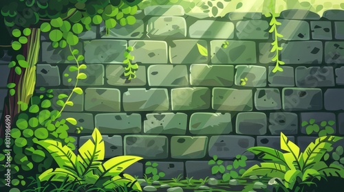 Green plant on brick wall in forest modern background. Spring garden with viaduct or bridge with balustrade. Game area location with masonry fence.