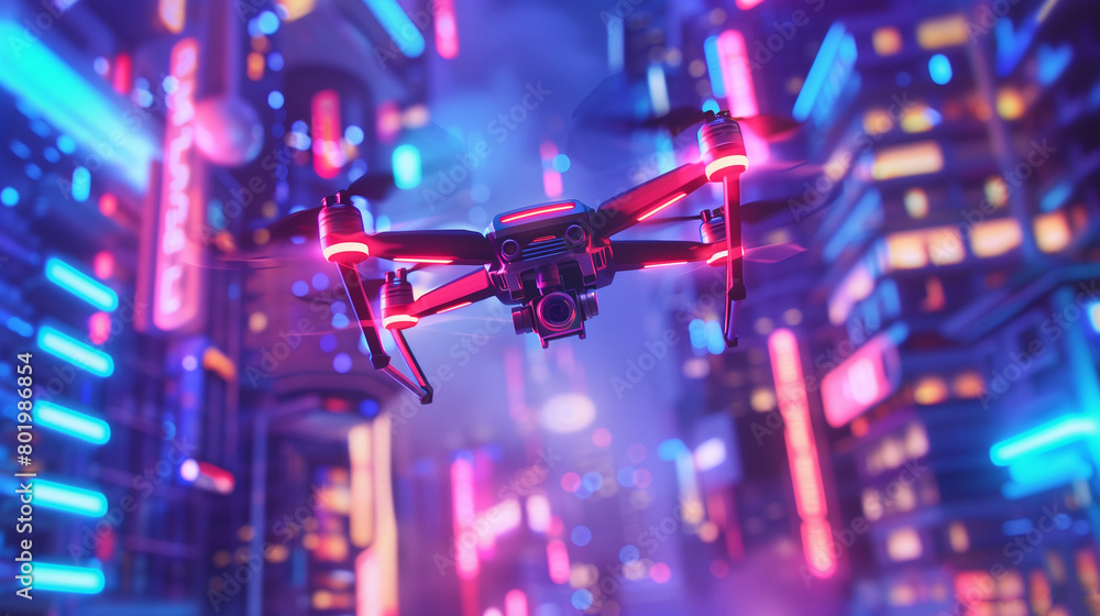 Fototapeta premium Future transportation concept, Autonomous driverless aerial vehicle flying on city background,