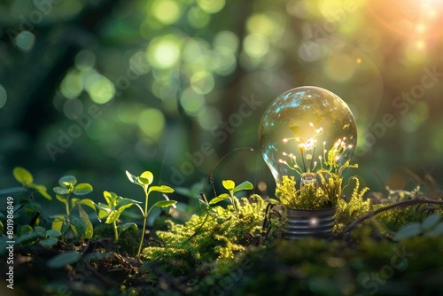 Illuminated light bulb with plants growing inside 