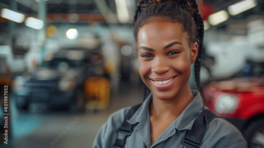 A female auto mechanic, wearing a uniform, smiles for the camera inside an auto repair shop garage