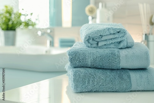 Stack of white towels in bathroom  closeup. with copy space