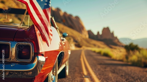 A vibrant close-up shot of an American flag on a classic car traveling along Route 66, isolated background emphasizing freedom and adventure photo