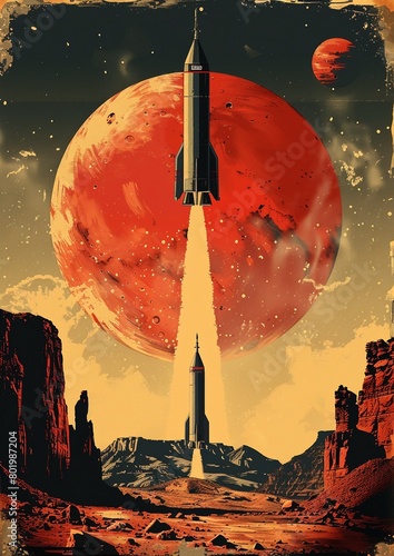 Futuristic Retro Space Movie Poster Watercolor Illustration