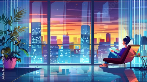 The girl is sitting between two brick walls on the rooftop terrace of a city building cartoon interior background. The woman is sitting in the armchair and writing in her diary or book on the roof © Mark
