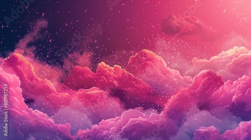 The night sky is pink with sparkling stars scattered in the darkness, colorful gradient mist flying in the air, and glitter powder splashed across the horizon. Abstract fantasy universe. photo