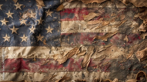 A vibrant close-up of a weather-beaten American flag  a symbol of national unity and the spirit of exploration  against a plain background