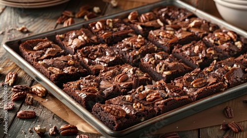 A tray of brownies with walnuts on top photo