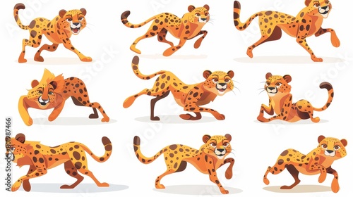 Animal cartoon illustration of cheetah in various poses isolated on white background. Exotic pet  zoo animal illustration of the wild cat running  leaping  lying  walking and hunting.