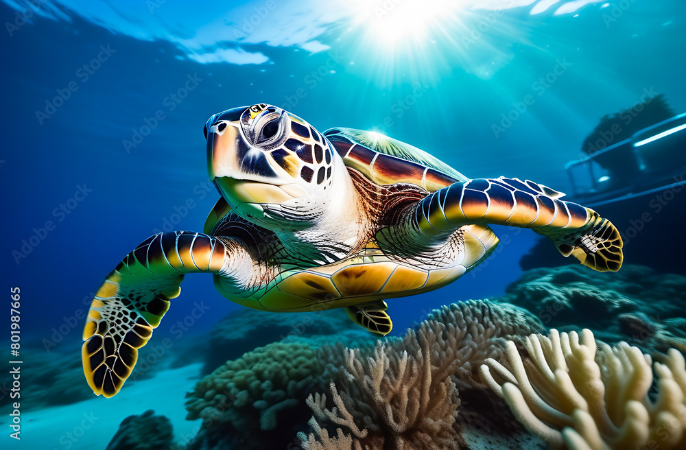 sea turtle swims underwater among the corals sea turtle swims underwater among the corals