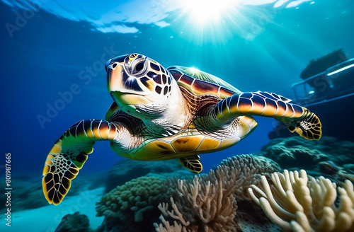 sea turtle swims underwater among the corals