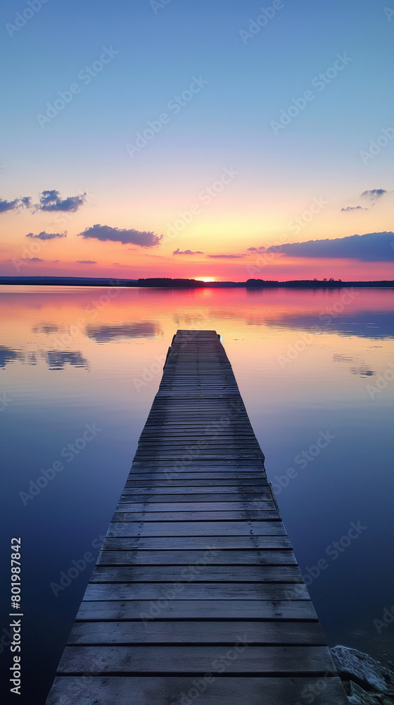 Tranquil Beauty: Serene Sunset Over Calm Lake with Vibrant Sky Reflection and Wooden Dock Tranquil Beauty: Serene Sunset Over Calm Lake with Vibrant Sky Reflection and Wooden Dock