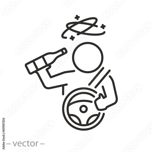 drunk driving icon, dizziness from alcohol, man holds bottle to drink in car, thin line vector illustration