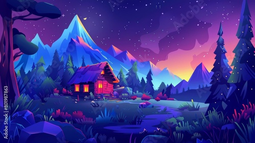 The house in the night forest modern landscape background. The hut near the mountain valley on the glade outdoors in the wilderness. Mysterious game location cartoon environment. Dark illustration of