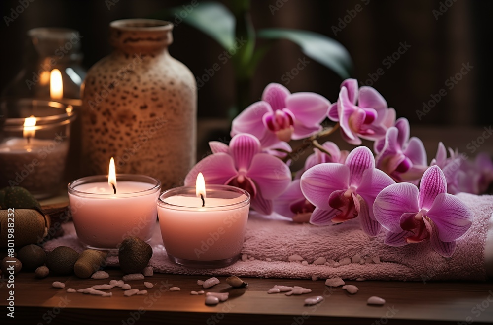 Pink orchid flowers , candles , and stones on a wooden surface Pink orchid flowers , candles , and stones on a wooden surface