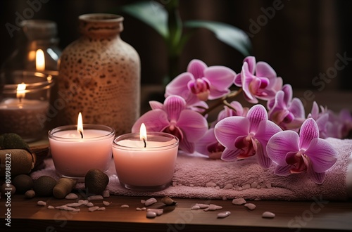  Pink orchid flowers   candles   and stones on a wooden surface