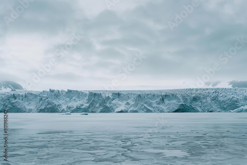 Snowy glacier landscape with ice reflections in calm water