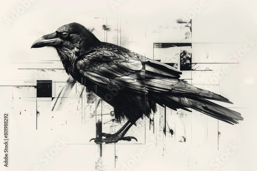 Artistic raven with abstract geometric design in monochrome photo