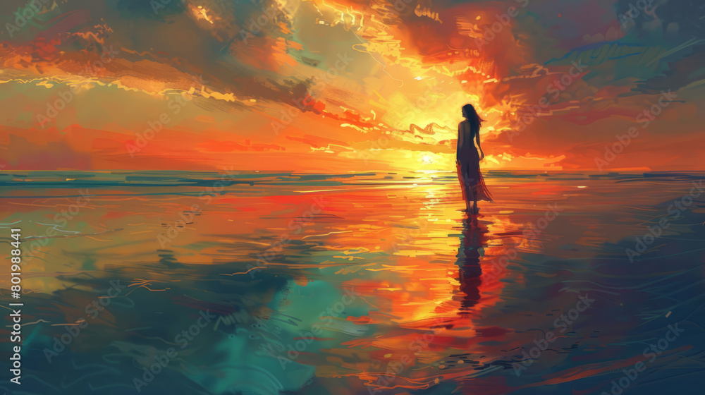 Fototapeta premium Woman embracing the horizon at a vibrant sunset