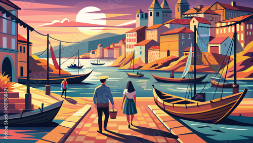 Romantic Stroll Through a Mediterranean Harbor at Sunset