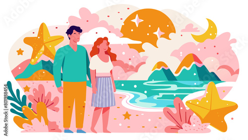 Enchanted Evening: Couple Enjoying Scenic Beach Sunset Illustration