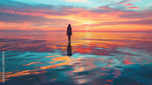 Woman embracing the sunset horizon at serene sea