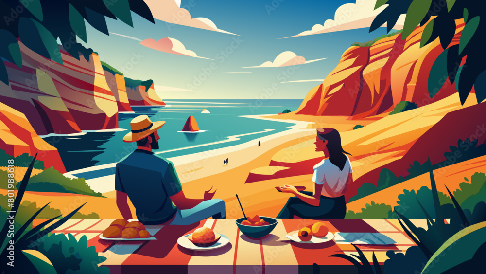 Scenic Coastal View with Couple Enjoying Conversation