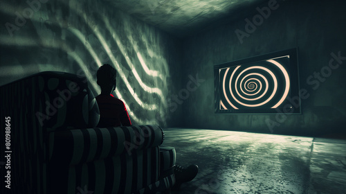 dark room with a silhouette of a person sitting and watching TV displays a hypnotizing spiral. photo