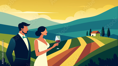 Elegant Couple Enjoying Wine Overlooking Vineyard at Sunset