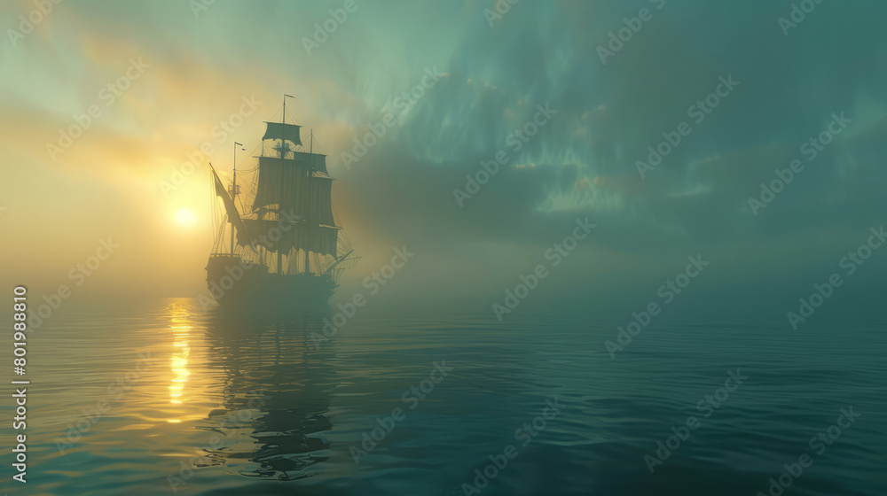 Fototapeta premium Mystical ghost ship emerging in serene ocean at sunrise