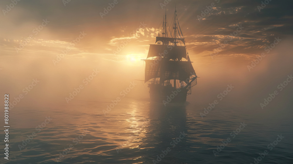Mystical sailing ship emerging from fog at sunrise Mystical sailing ship emerging from fog at sunrise