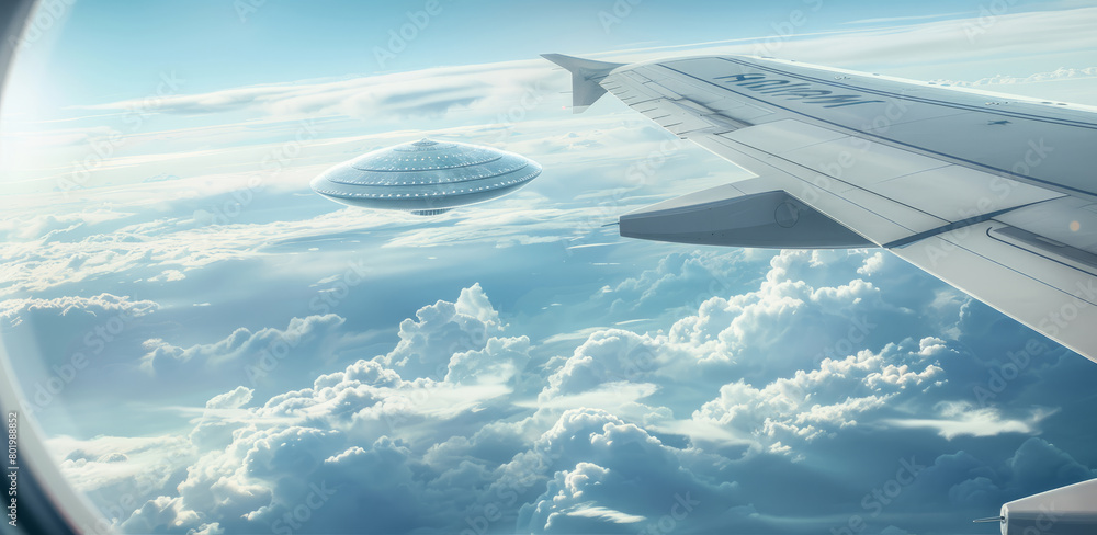 Obraz premium UFO sighting from airplane window over scenic cloudscape