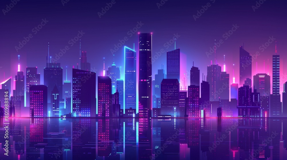 Dark cityscape skyline with skyscrapers urban view illustration scene. Purple nighttime fantasy office scape for metaverse background.