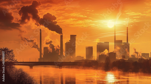 Dramatic sunset over city with industrial pollution