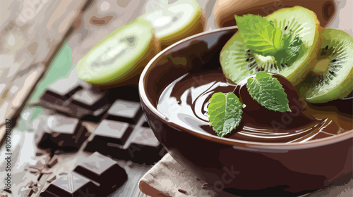 Dipping of tasty kiwi into bowl with chocolate fondue
