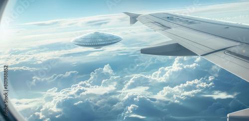 UFO sighting from airplane window over scenic cloudscape
