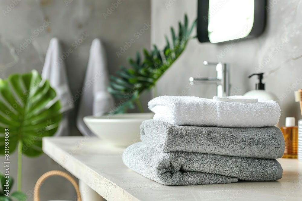 Stack of white towels in bathroom, closeup. with copy space Stack of white towels in bathroom, closeup. with copy space