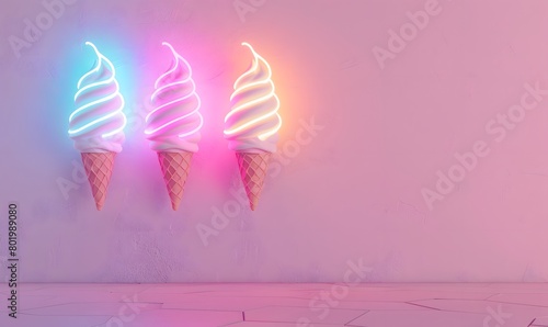 soice cream neon signs simple design pastel colors hanging on a simple pink, Generative AI 