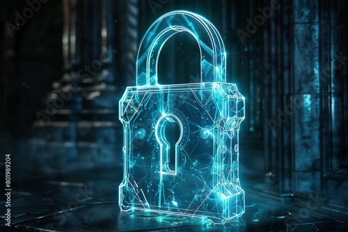 A futuristic padlock formed by a glowing blue wireframe with intricate neon patterns stands out against a dark, isolated background, representing online security.