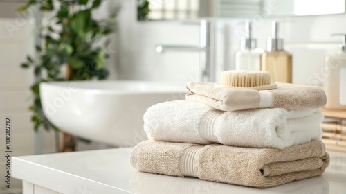 Stack of white towels in bathroom, closeup. with copy space