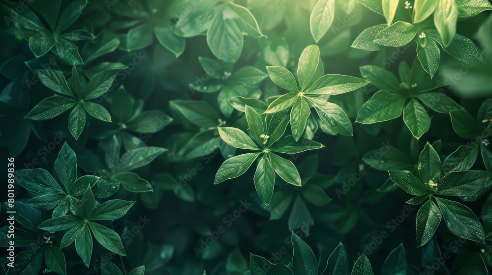 A close up of green leaves with water droplets on them A close up of green leaves with water droplets on them