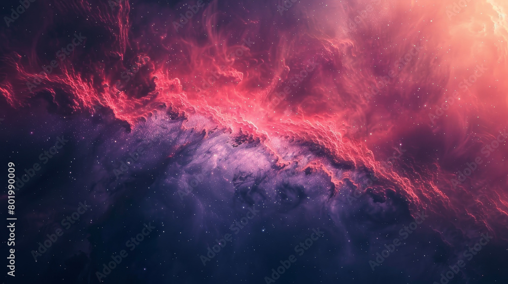 A space filled with stars and clouds of red and purple