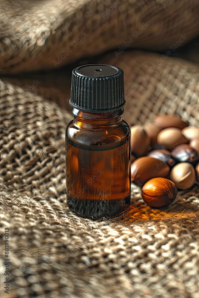 argan essential oil on burlap background argan essential oil on burlap background