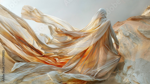 Fototapeta Naklejka Na Ścianę i Meble -  A woman is depicted in a flowing white gown, with her arms outstretched