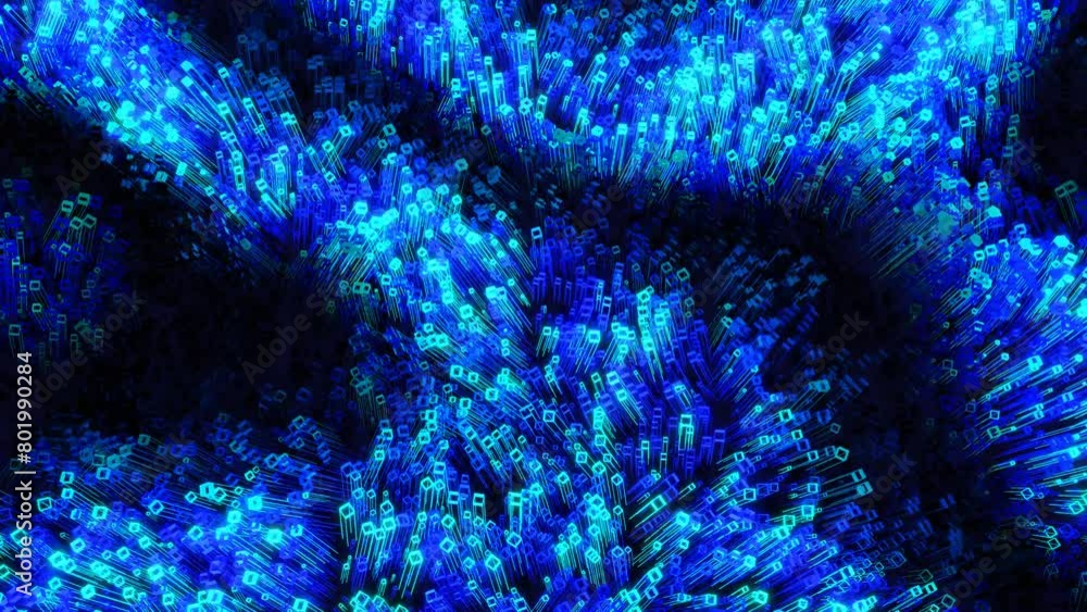 Waves of blue color runs along glow blocks form a beautiful pattern on waving surface like garland. 4k abstract looped bg, sway sticks like coral. Abstract gradient pattern. Vj loop motion