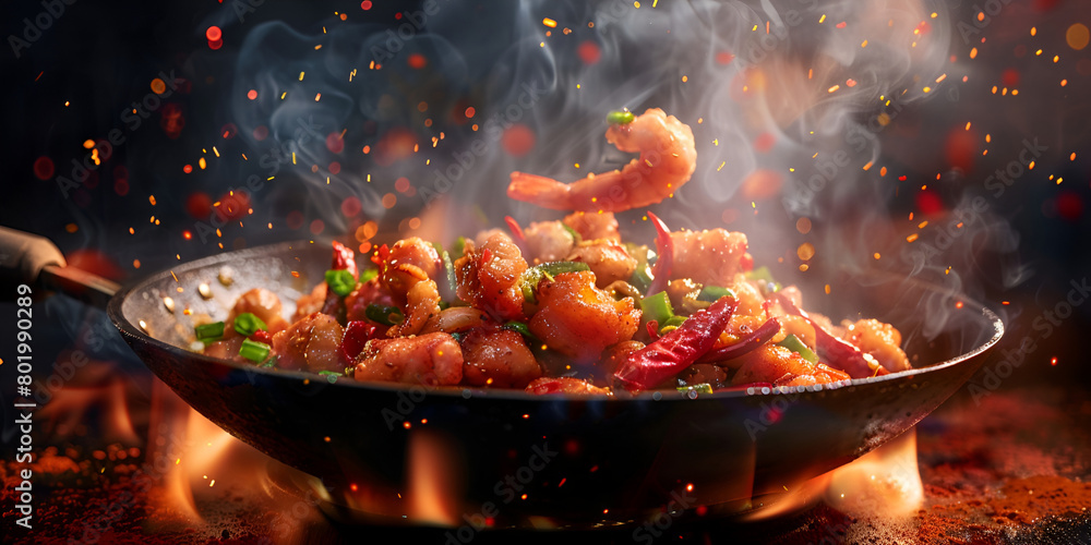 Fiery wok with dramatic flames and smoke with dark background Fiery wok with dramatic flames and smoke with dark background