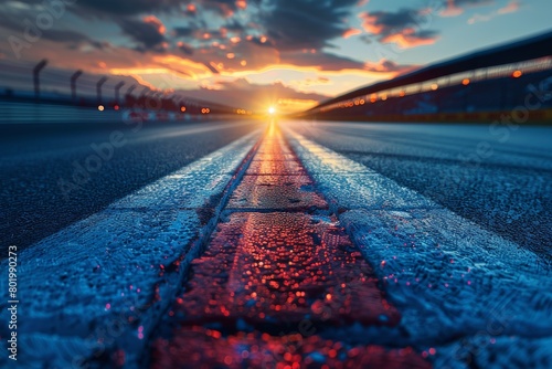 An empty highway stretches straight into the horizon under the vibrant sunset sky.