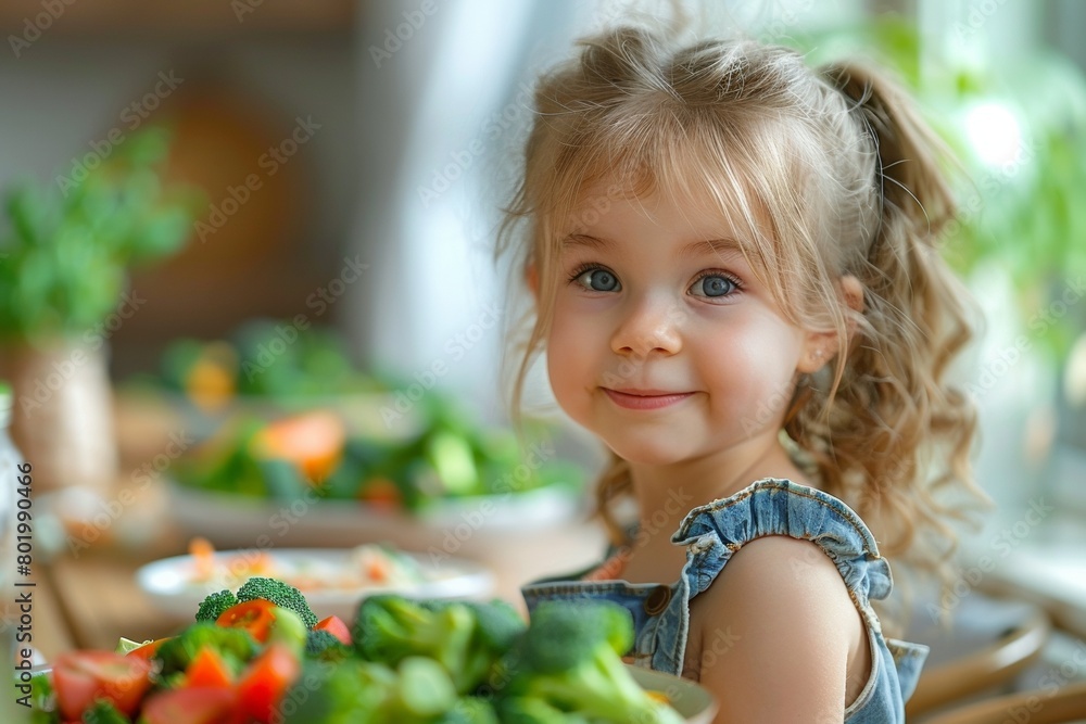 A charming girl smiles while holding a plate of healthy vegetables, including broccoli and peppers. A charming girl smiles while holding a plate of healthy vegetables, including broccoli and peppers.