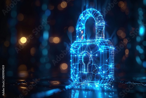 A glowing blue wireframe padlock hologram with intricate neon patterns adorns a dark, isolated background, symbolizing online security.